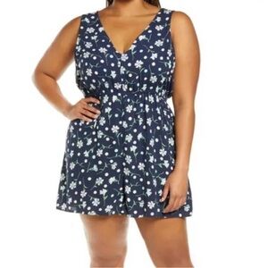 BP Womens Romper Playsuit Navy Floral V Neck Sleeveless Rayon Short Plus 2X New